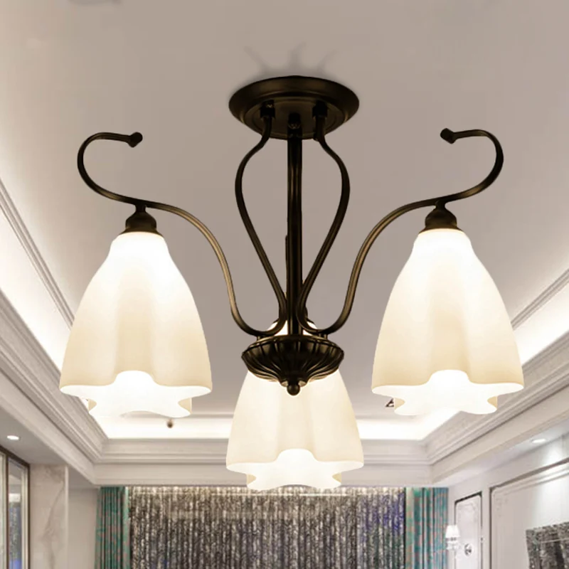 3/6/8 lichten wit glazen plafondlamp armatuur klassieke zwarte bloemvormige woonkamer semi-gemonteerde verlichting Clearhalo