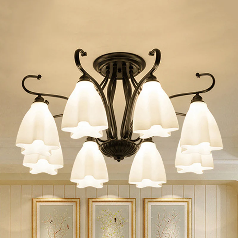 3/6/8 lichten wit glazen plafondlamp armatuur klassieke zwarte bloemvormige woonkamer semi-gemonteerde verlichting Clearhalo
