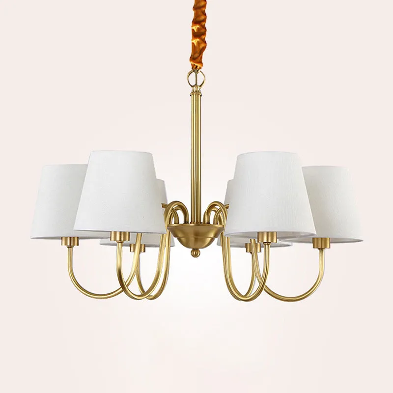 3/6/8 lichts swooping curve kroonluchter traditionele gouden metalen hanglamp met taps toelopende stoffen kap Clearhalo