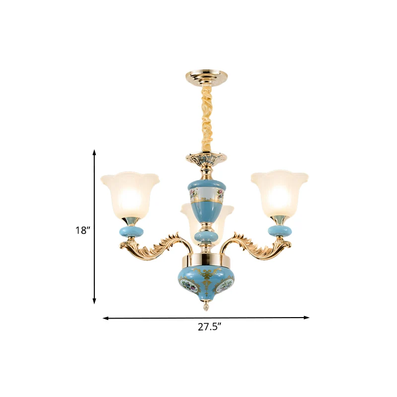 3/6-Head Opaline Glazen Plafondkroonluchter Vintage Blauwe Bloemenvorm Eetkamer Hanglamp Met Gebogen Arm Clearhalo