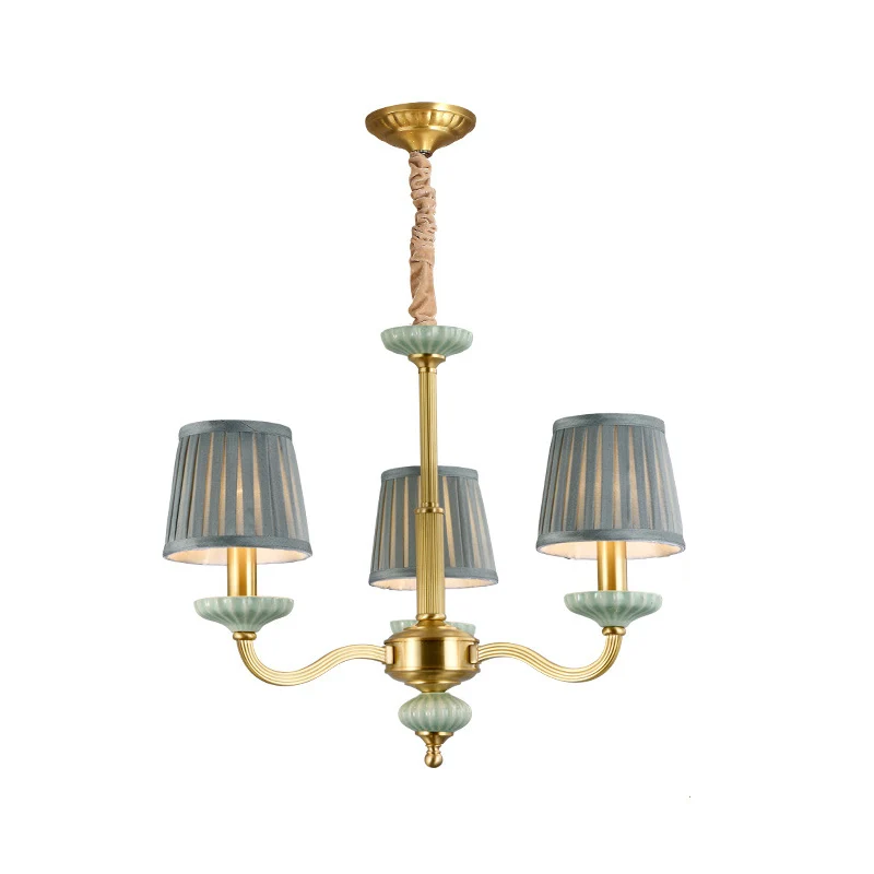 3/6-koppige stoffen kroonluchter, traditionele koperen geplooide kap, slaapkamerhanger met ronde arm Clearhalo