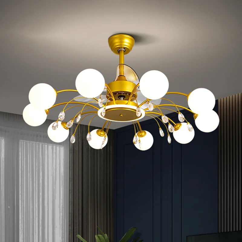 3-bladen bal woonkamer hangventilator licht wit glas postmoderne afstandsbediening semi-inbouwlamp met K9-kristallen Clear...