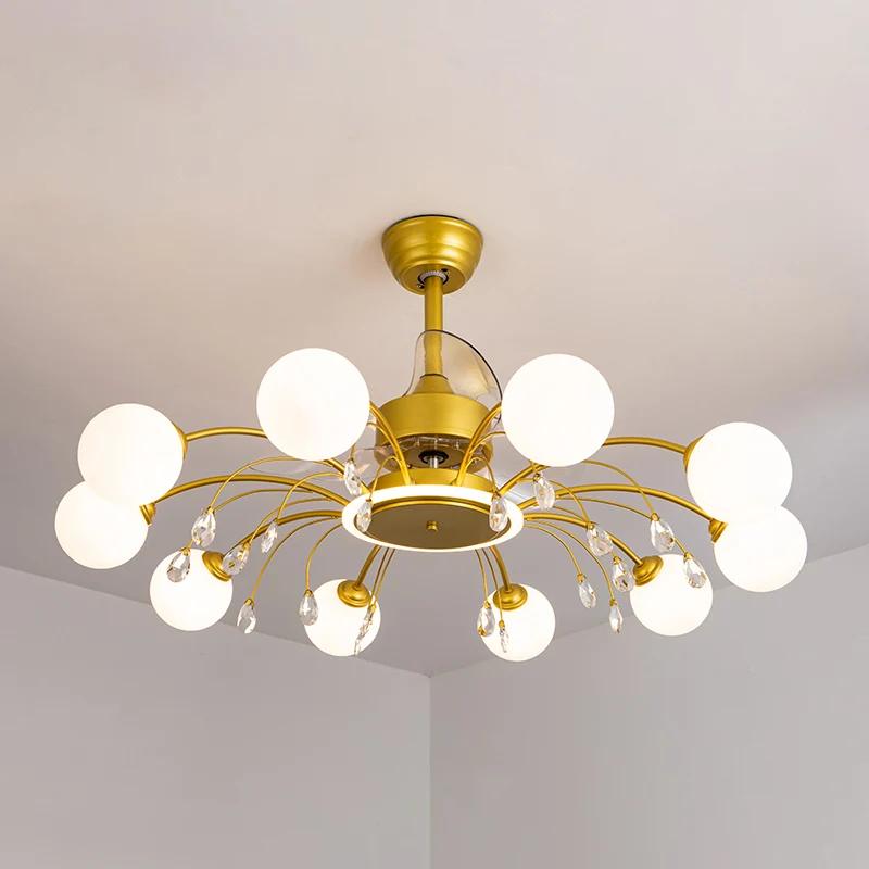 3-bladen bal woonkamer hangventilator licht wit glas postmoderne afstandsbediening semi-inbouwlamp met K9-kristallen Clear...