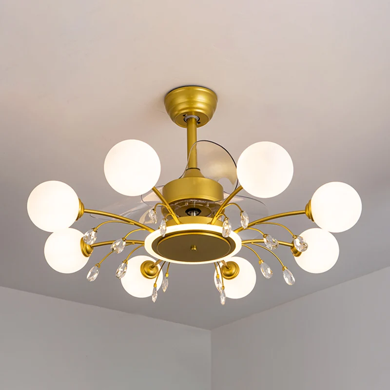 3-bladen bal woonkamer hangventilator licht wit glas postmoderne afstandsbediening semi-inbouwlamp met K9-kristallen Clear...