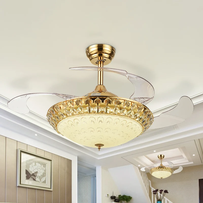 3-bladige LED-ventilatorlamp, minimalistische woonkamer, semi-inbouw plafondlamp met kom, kristallen kap, 42,5" breed Clea...