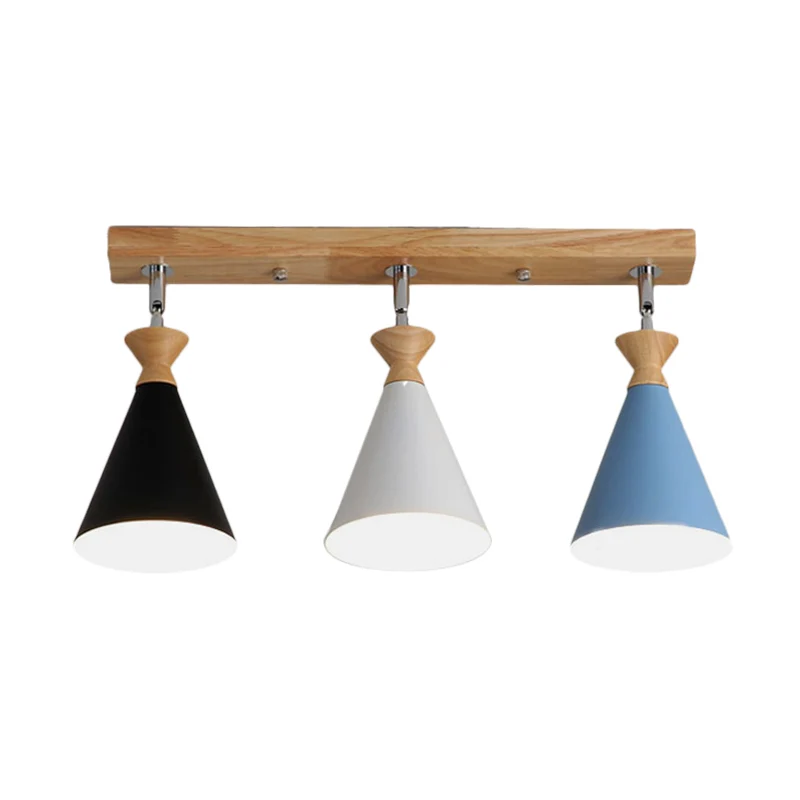 3-hoofds woonkamer semi-inbouwlamp Macaron zwart-wit-blauw en hout dicht bij plafondlamp met conische ijzeren kap Clearhalo