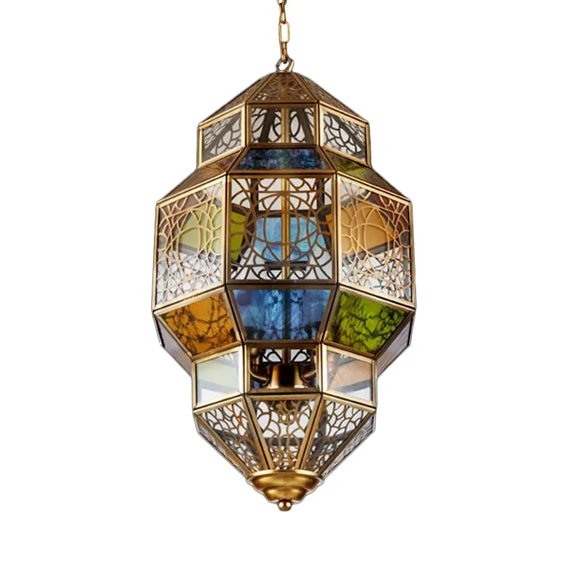 3-koppige kalebas kroonluchter verlichting Arabische messing afwerking metalen hangende plafondlamp met kleurrijke glazen...