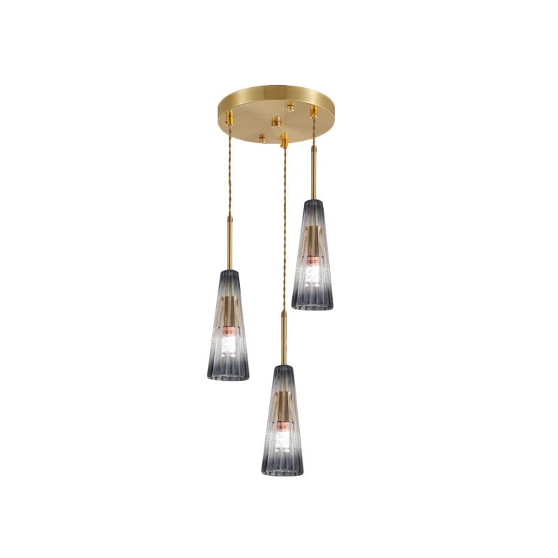 3-koppige restaurant-multilamp-hanger, eigentijds messing downlight met conische, geleidelijke grijze prismatische glazen...