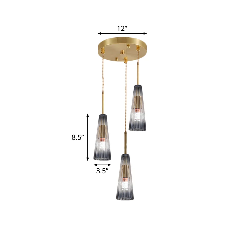 3-koppige restaurant-multilamp-hanger, eigentijds messing downlight met conische, geleidelijke grijze prismatische glazen...