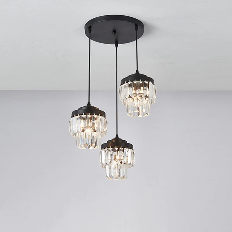 3-kops 2-laags clusterhanger, moderne zwarte heldere kristallen prisma-hanglamp met ronde/lineaire luifel Clearhalo