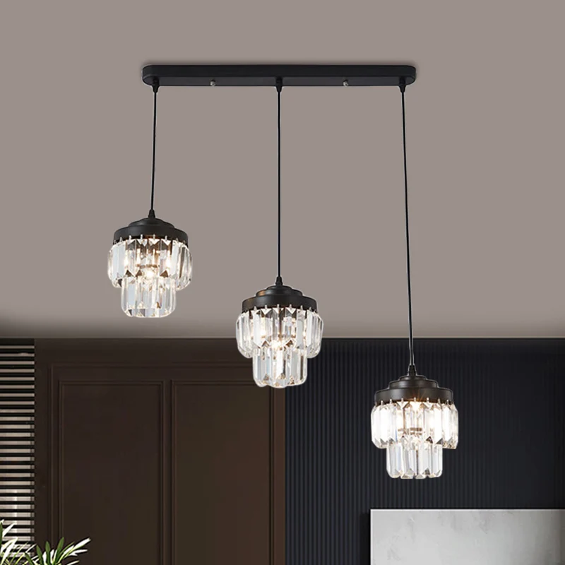 3-kops 2-laags clusterhanger, moderne zwarte heldere kristallen prisma-hanglamp met ronde/lineaire luifel Clearhalo