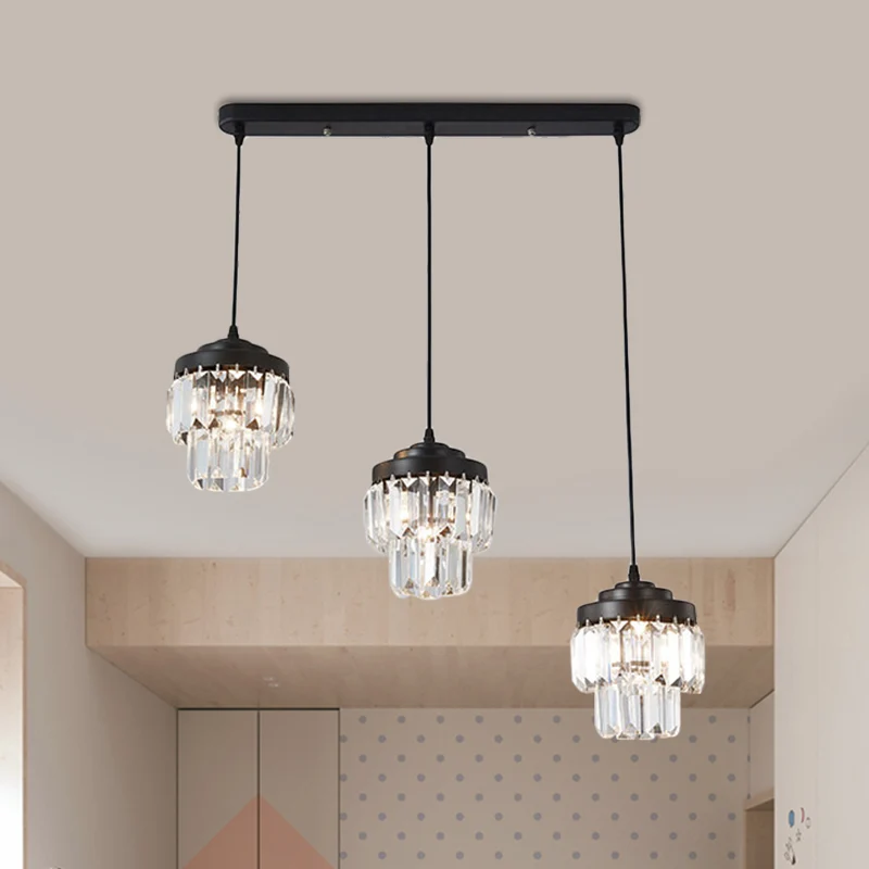 3-kops 2-laags clusterhanger, moderne zwarte heldere kristallen prisma-hanglamp met ronde/lineaire luifel Clearhalo