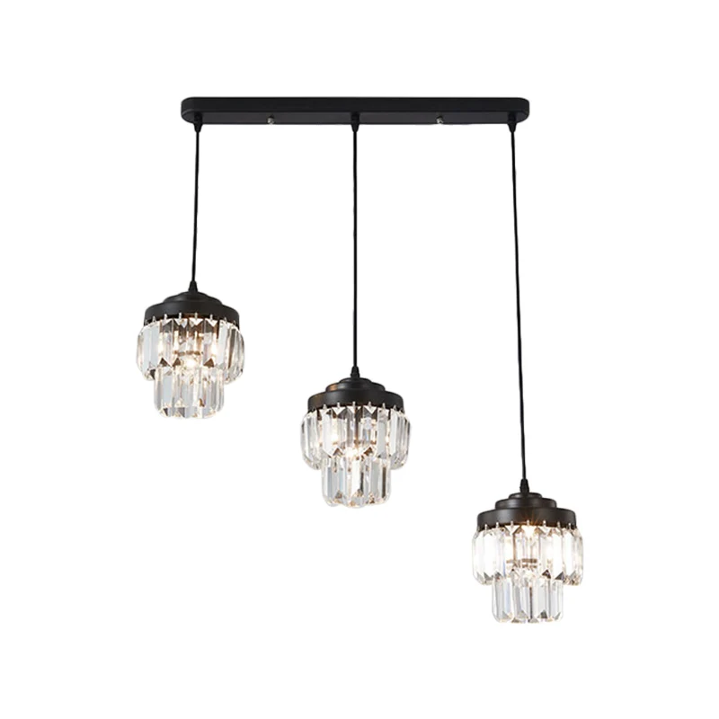 3-kops 2-laags clusterhanger, moderne zwarte heldere kristallen prisma-hanglamp met ronde/lineaire luifel Clearhalo