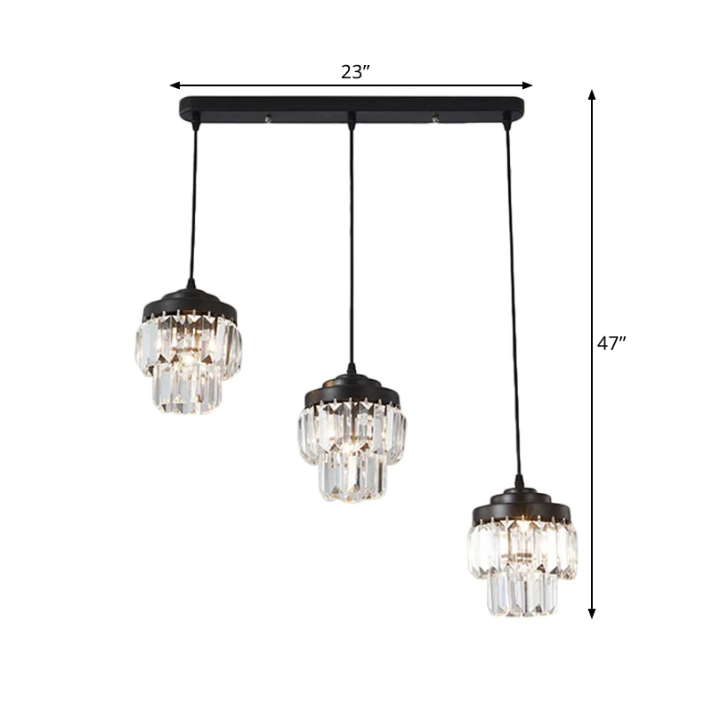 3-kops 2-laags clusterhanger, moderne zwarte heldere kristallen prisma-hanglamp met ronde/lineaire luifel Clearhalo