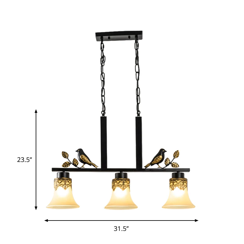 3-kops bruin glazen eilandlichthanger, traditionele zwarte afwerking, bel-eetkamerplafondlamp met vogeldeco Clearhalo