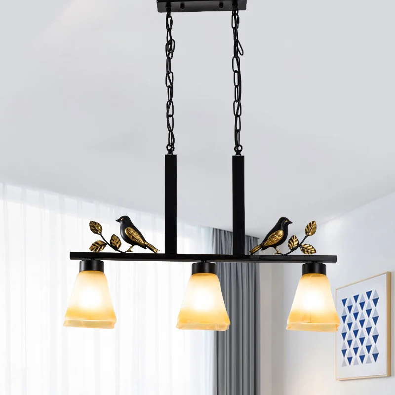 3-kops bruin glazen eilandlichthanger, traditionele zwarte afwerking, bel-eetkamerplafondlamp met vogeldeco Clearhalo