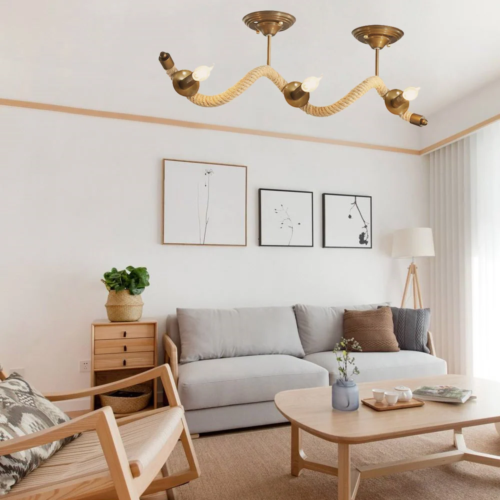 3-kops golvend touw semi-mount verlichting vintage messing afwerking metalen plafondlamp met kale lamp Clearhalo