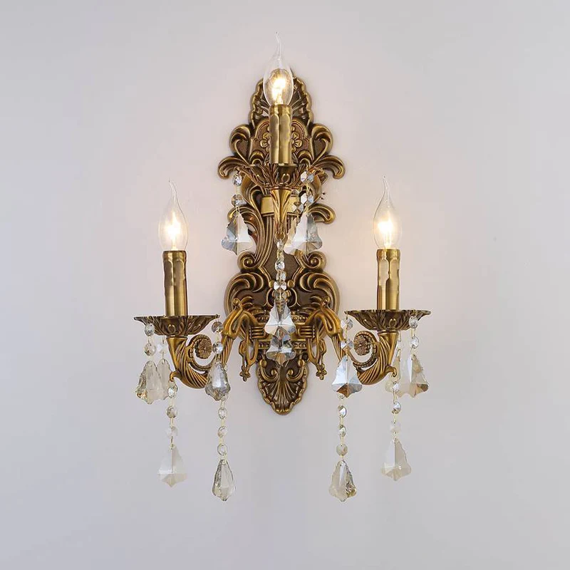 3-kops kaars wandlamp vintage messing metalen schanslamp met kristallen druppelaccent Clearhalo