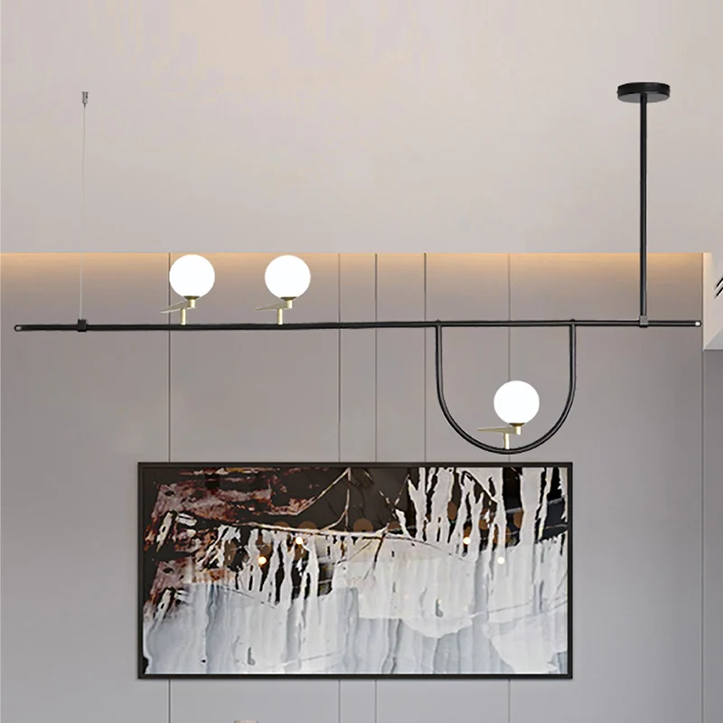 3-kops lineaire eilandverlichting Minimalisme metalen hangende hanglamp zwart met opaalglazen kap Clearhalo