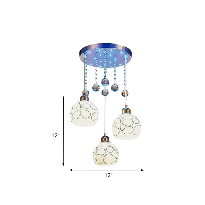 3-lampen eetkamer multi-plafondlamp moderne chroom-slingerlamp met witte glazen bol, kristallen druppel Clearhalo
