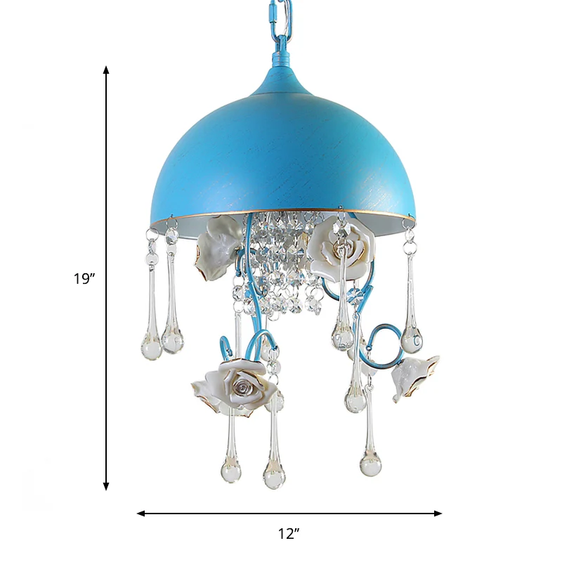 3-lampen koepelkroonluchter blauwe ijzeren hanglamp met rozendecor en heldere kristallen druppel Clearhalo