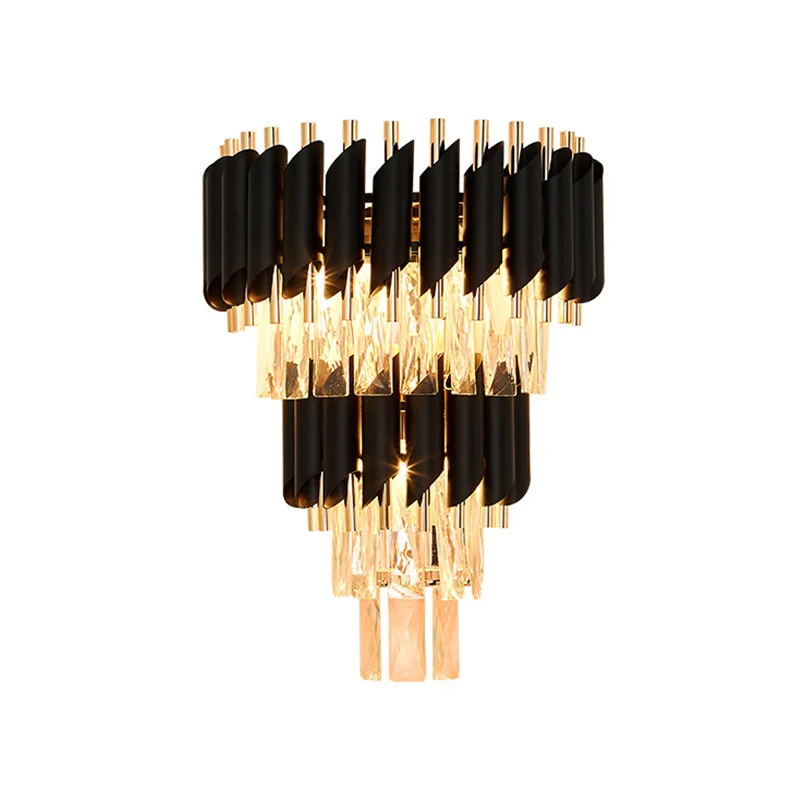 3-lamps gelaagde, taps toelopende wandkandelaar, eigentijdse zwarte afgeschuinde kristallen wandlamp Clearhalo