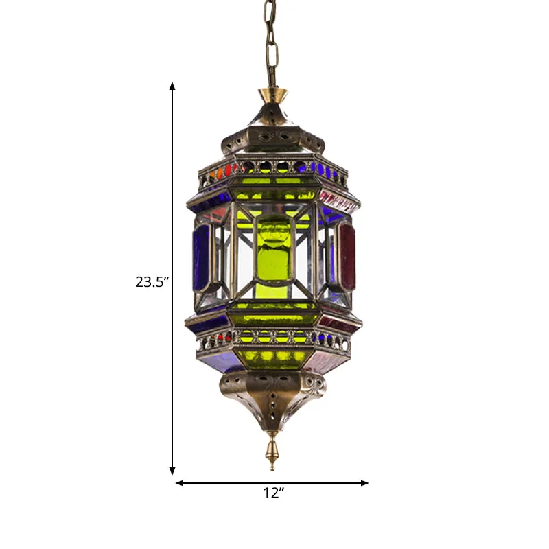3-lamps hangende verlichting art deco kasteelvorm kleurrijke glazen kroonluchter hanglamp messing Clearhalo