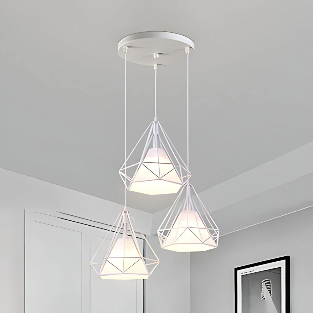 3-lichts diamanten kooi hanglamp moderne stijl hanglamp van wit metaal en stof met lineaire/ronde luifel Clearhalo