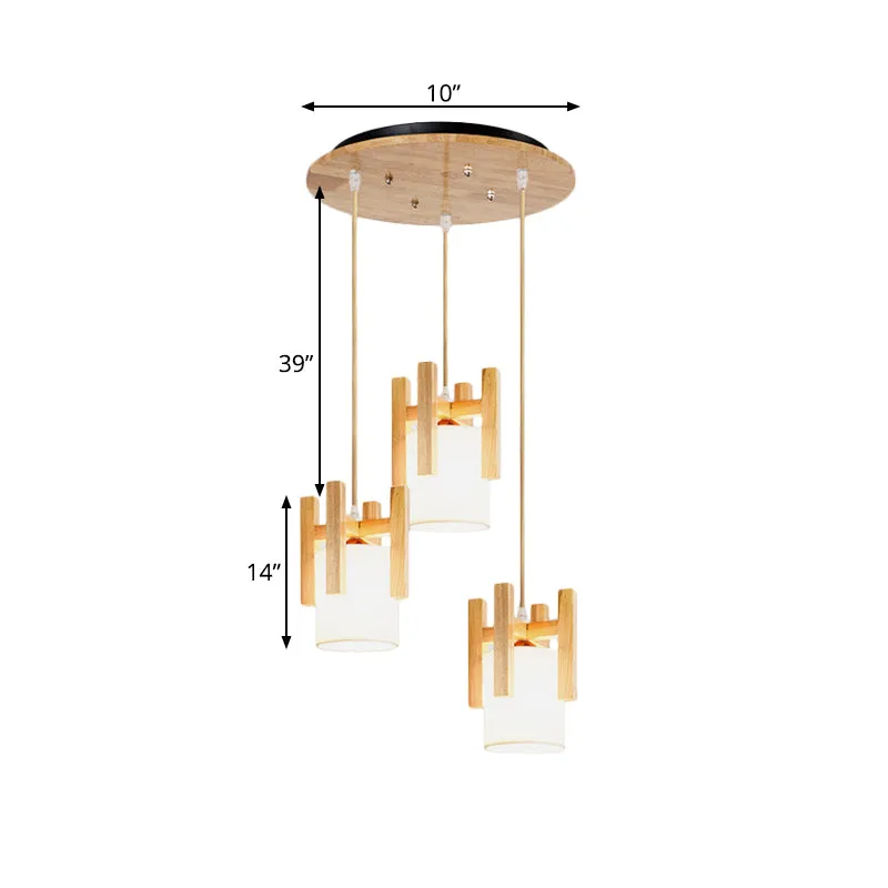 3-lichts dinette multi-licht hanglamp moderne beige plafondlamp met stoffen kolomkap en houten hekwerk Clearhalo