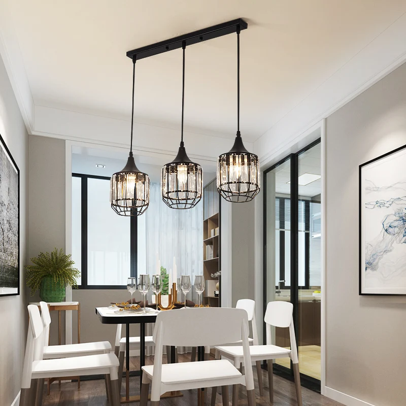 3-lichts eetkamer cluster hanglamp Scandinavisch zwart hangend plafondlicht met fles/cilinder/urn metaal en kristallen kap...