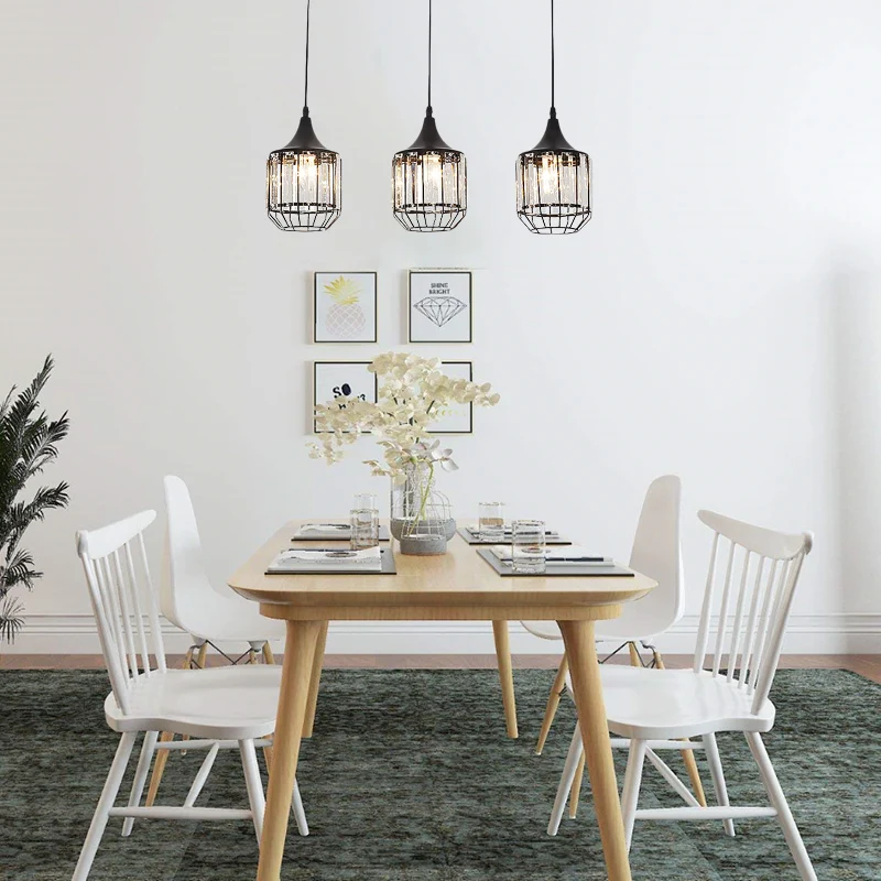 3-lichts eetkamer cluster hanglamp Scandinavisch zwart hangend plafondlicht met fles/cilinder/urn metaal en kristallen kap...