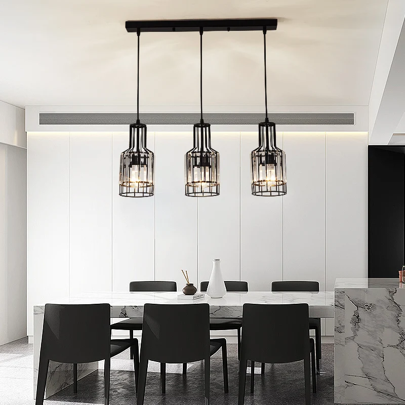 3-lichts eetkamer cluster hanglamp Scandinavisch zwart hangend plafondlicht met fles/cilinder/urn metaal en kristallen kap...