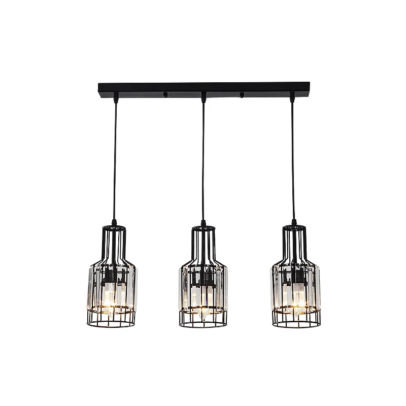 3-lichts eetkamer cluster hanglamp Scandinavisch zwart hangend plafondlicht met fles/cilinder/urn metaal en kristallen kap...