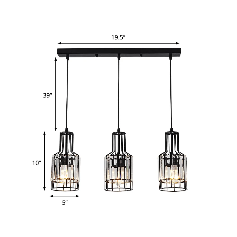 3-lichts eetkamer cluster hanglamp Scandinavisch zwart hangend plafondlicht met fles/cilinder/urn metaal en kristallen kap...