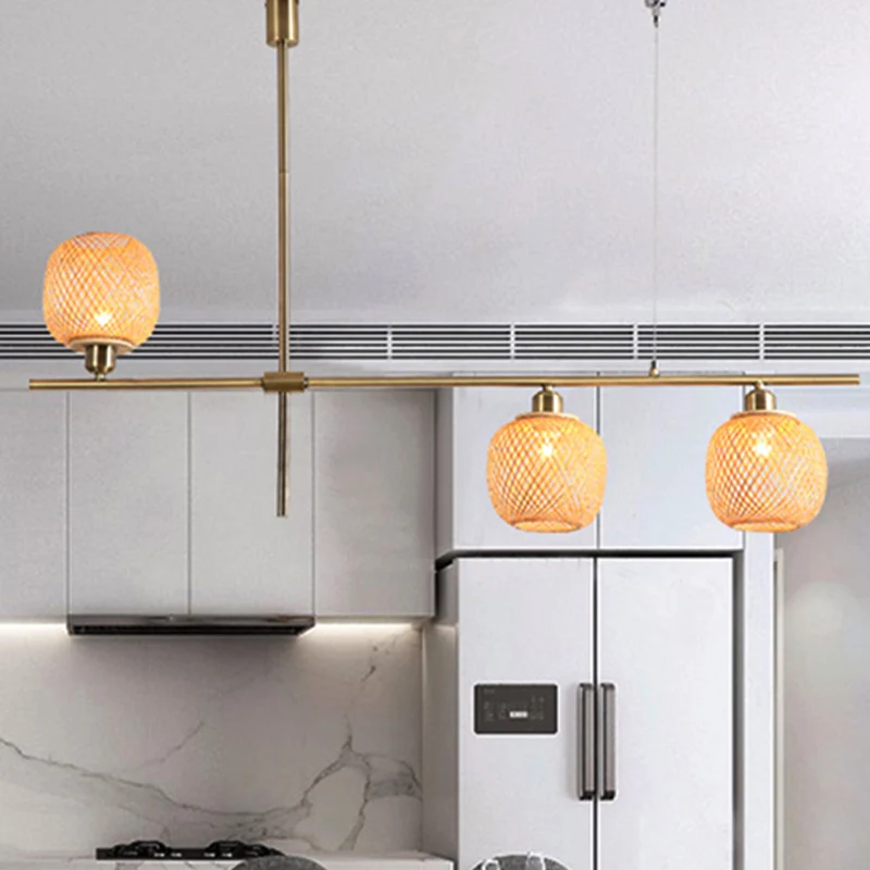 3-lichts keukenkroonluchterlamp met langwerpige houten kap Aziatische lichtbeige hanger Clearhalo