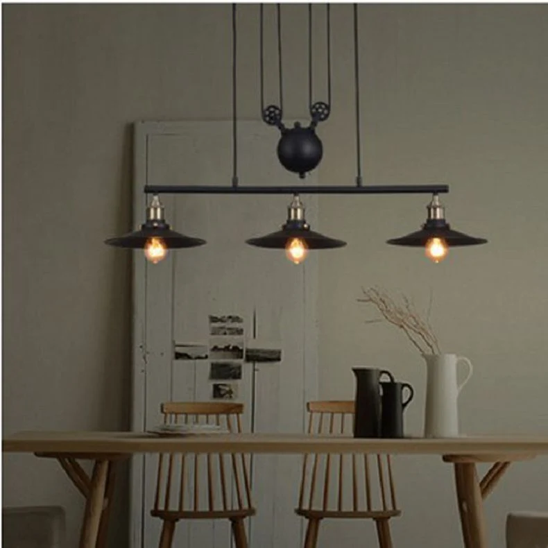 3-lichts metalen katrol eiland hanglamp industriële zwarte kegel schaduw eilandlampen Clearhalo