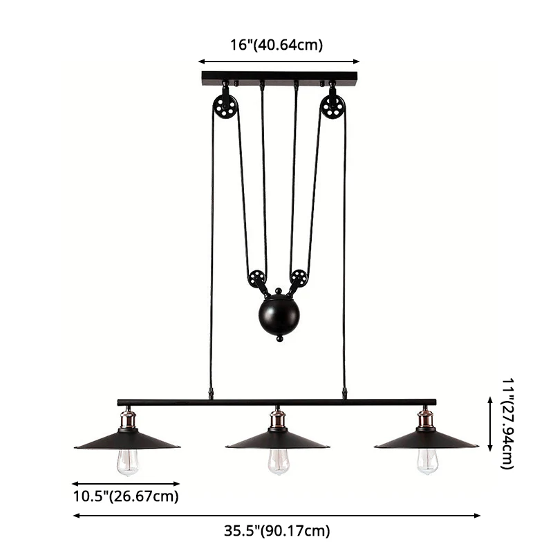 3-lichts metalen katrol eiland hanglamp industriële zwarte kegel schaduw eilandlampen Clearhalo