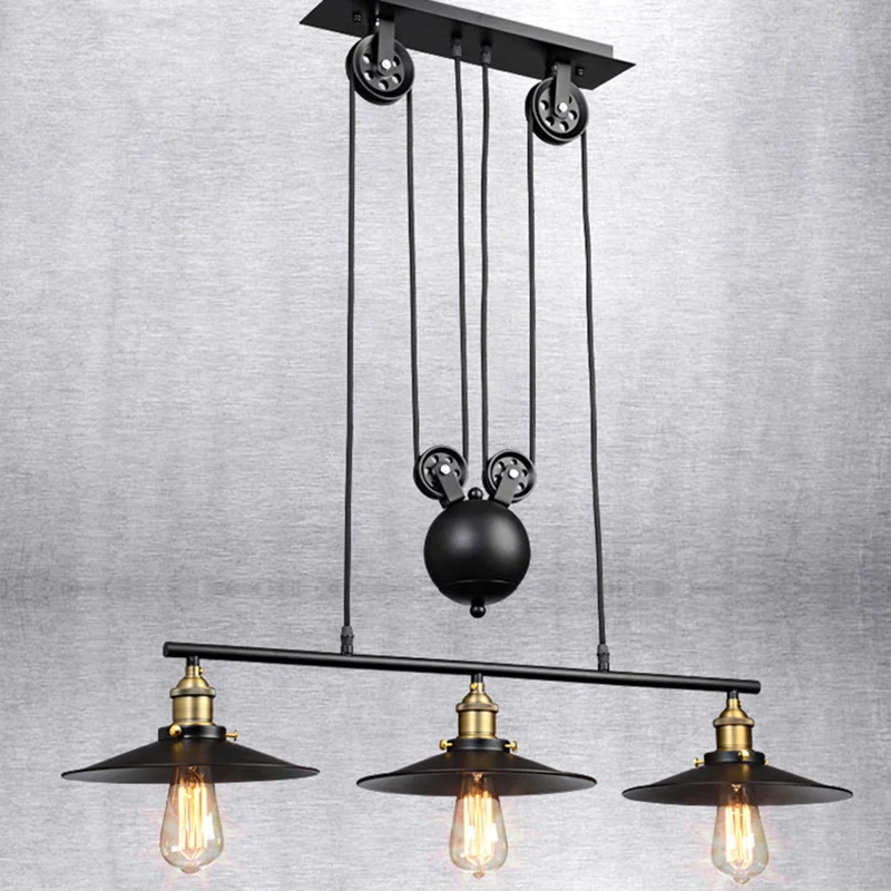 3-lichts metalen katrol eiland hanglamp industriële zwarte kegel schaduw eilandlampen Clearhalo