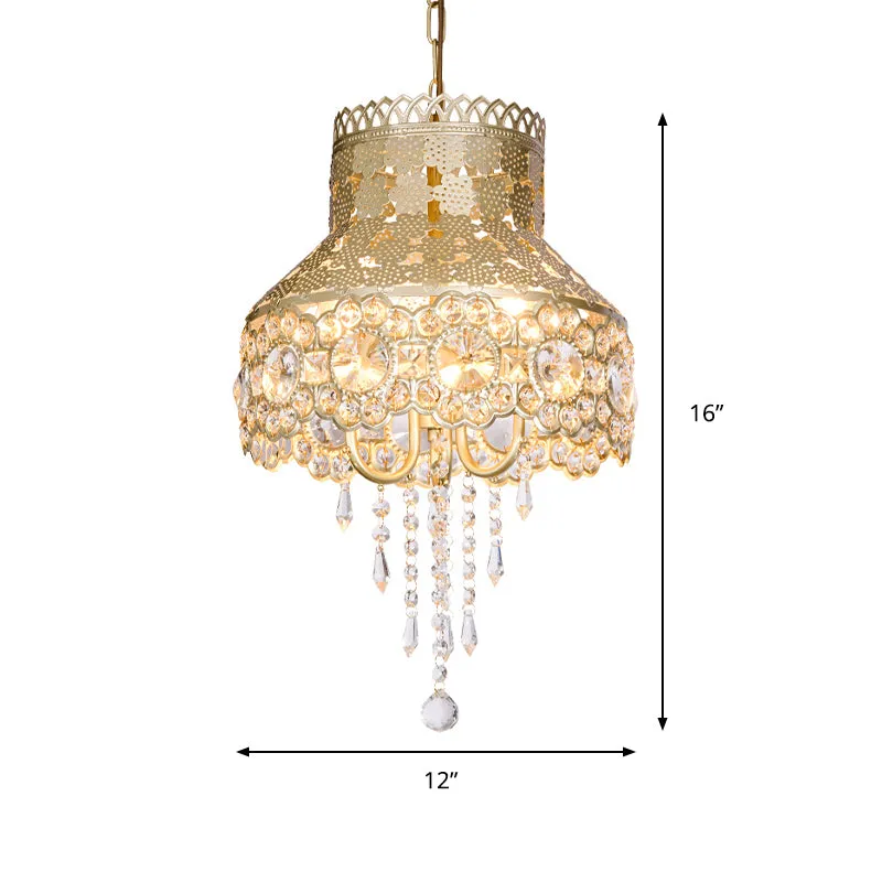 3-lichts plafondkroonluchter, vintage urnvormige metalen hanglamp messing met kristallen decoratie Clearhalo