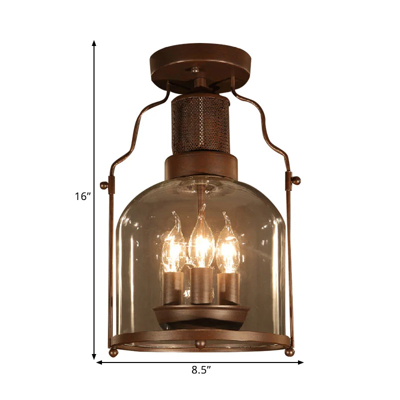 3-lichts plafondlamp met koepelkap, helder glas, rustieke woonkamer, half verzonken roest Clearhalo