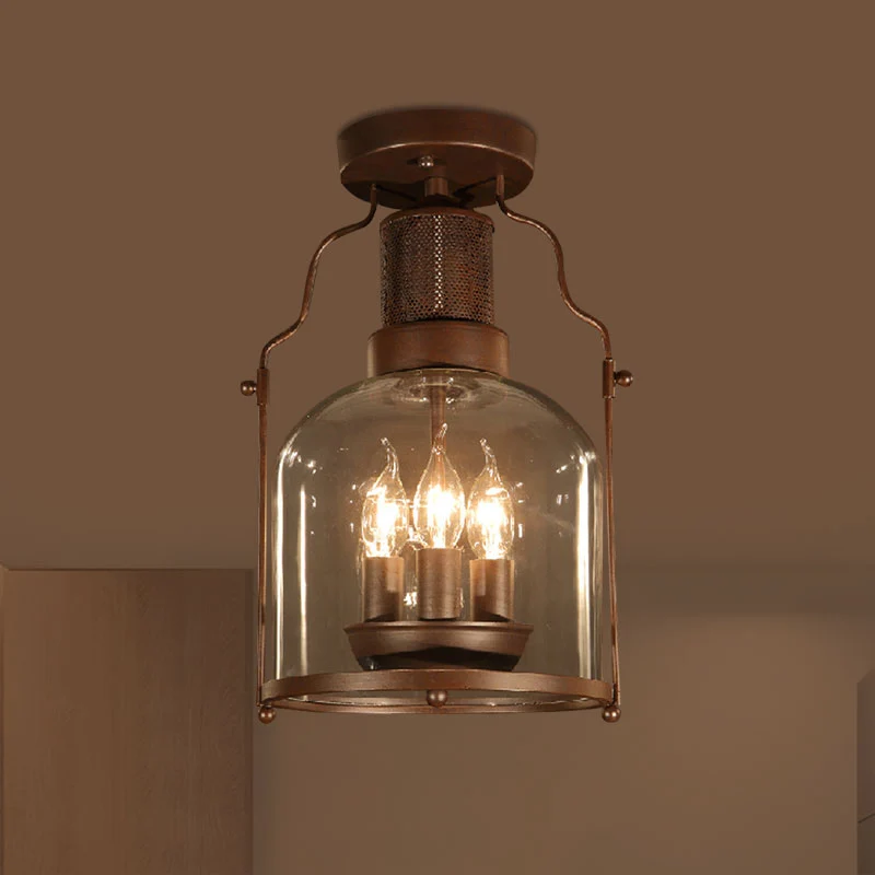 3-lichts plafondlamp met koepelkap, helder glas, rustieke woonkamer, half verzonken roest Clearhalo