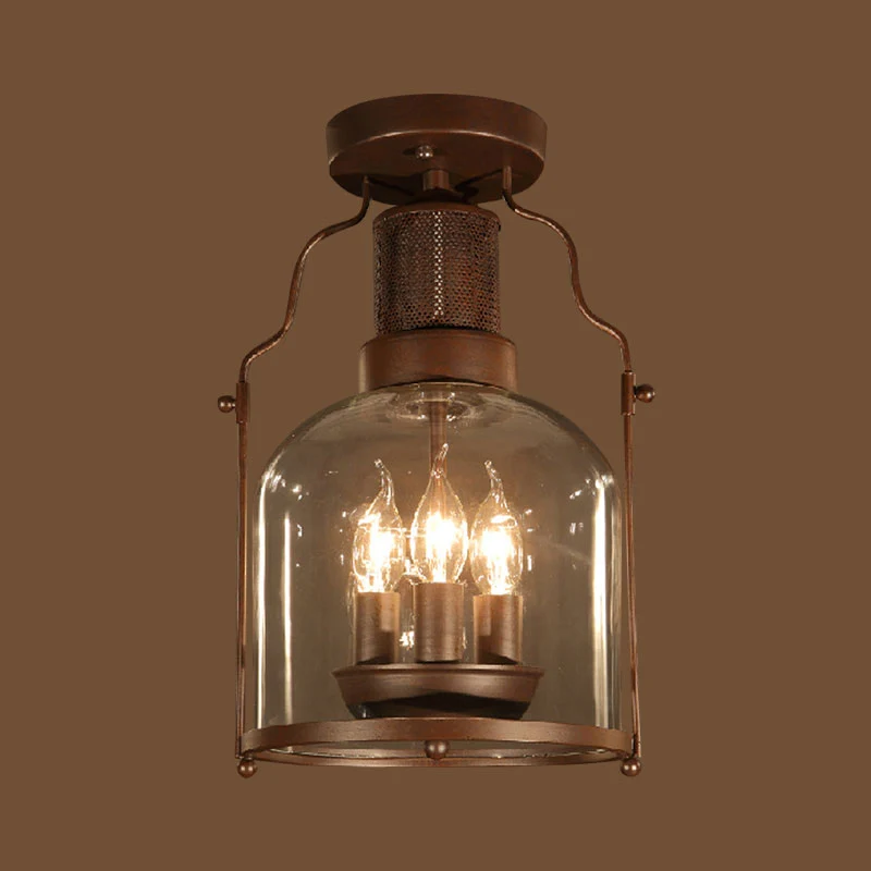3-lichts plafondlamp met koepelkap, helder glas, rustieke woonkamer, half verzonken roest Clearhalo