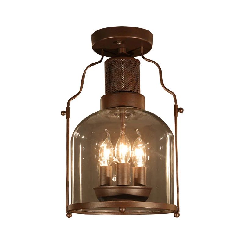3-lichts plafondlamp met koepelkap, helder glas, rustieke woonkamer, half verzonken roest Clearhalo