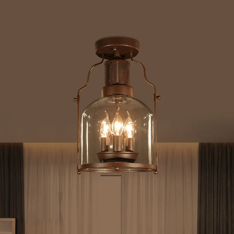 3-lichts plafondlamp met koepelkap, helder glas, rustieke woonkamer, half verzonken roest Clearhalo