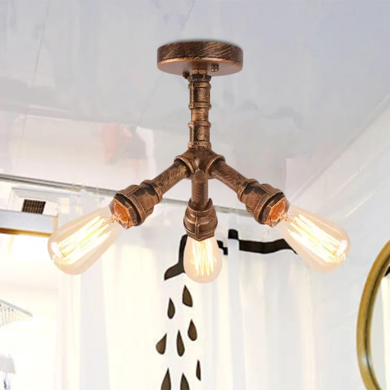 3-lichts plafondlamp met pijpmetalen kap Steampunk woonkamer semi-inbouwlamp verouderd brons Clearhalo
