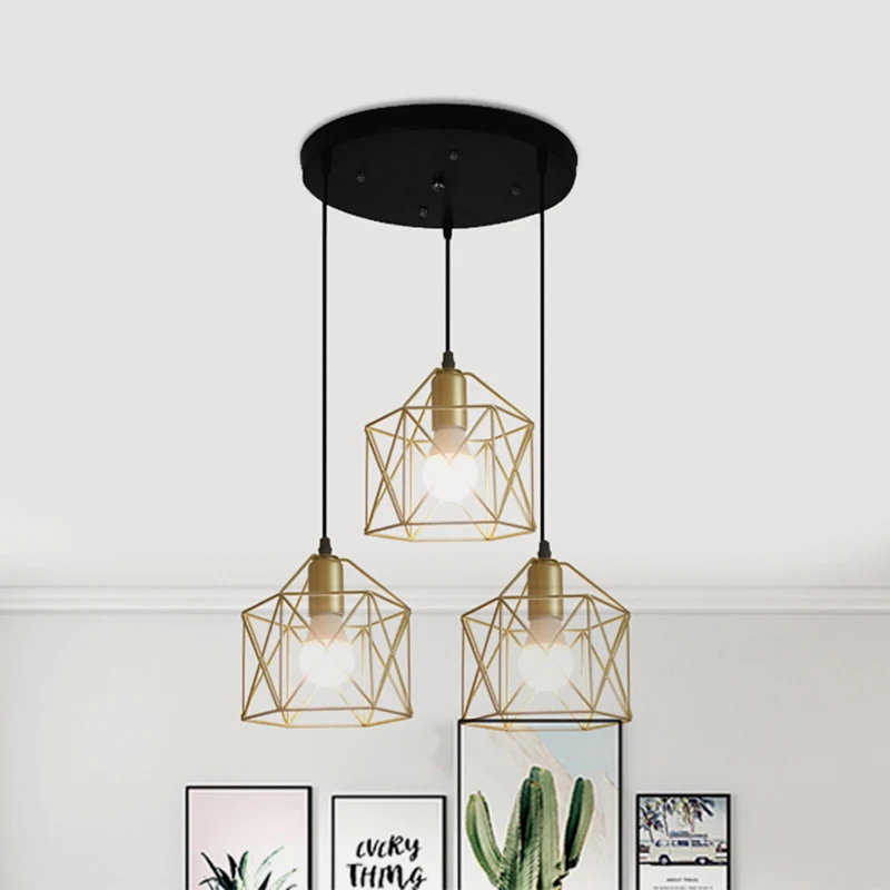 3-lichts plafondlamp met zeshoekige kooischaduw, ijzer, industriële stijl, restauranthanglamp goud Clearhalo