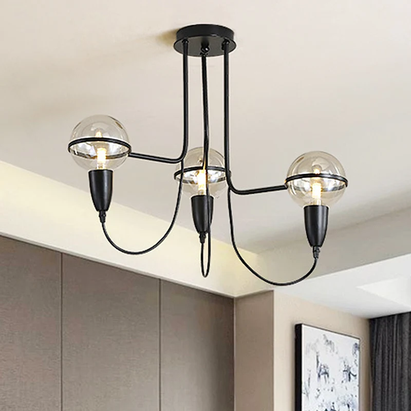 3-lichts plafondverlichting traditionele globe helderglazen clusterhanger zwart voor slaapkamer Clearhalo
