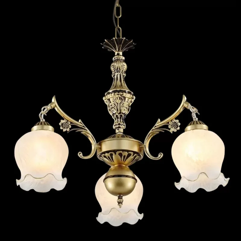 3-lichts Rose Down kroonluchter Vintage antiek brons/verontruste witte crème glazen ophanging hanger voor slaapkamer Clear...