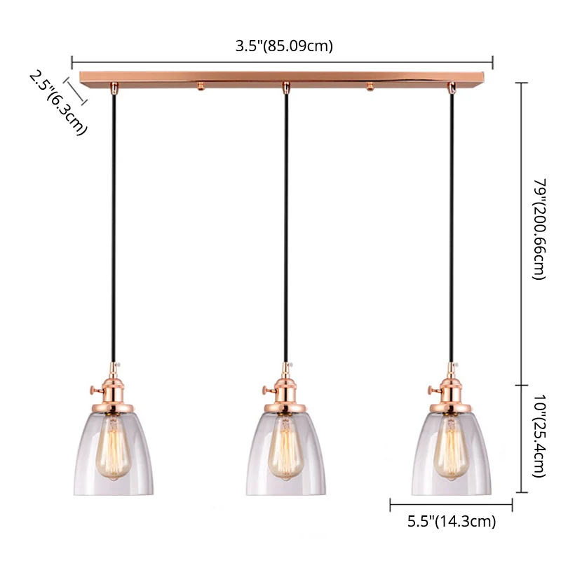 3-lichts taps toelopende glazen hanglamp, industriële meerdere hanglampen met ophangkoord voor bar Clearhalo