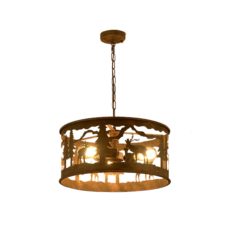3-lichts trommelkroonluchter verlichting vintage roestmetalen hanglamp voor woonkamer met ronde luifel Clearhalo